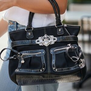 Cathy Van Zee Black Satchel Shoulder Bag Purse Canvas Leather